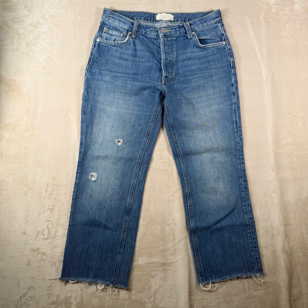 We The Free Jeans Womens Size 27 Straight Leg Blue Distressed Raw Hem Button Fly